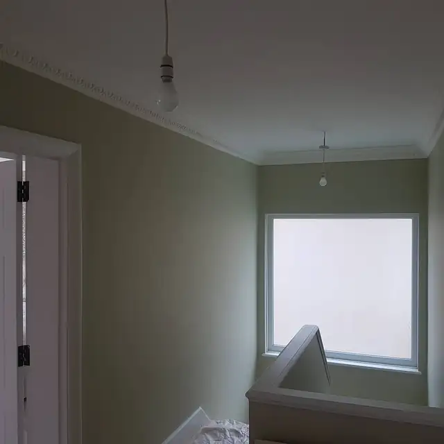 Sage green landing with white ceiling and coving